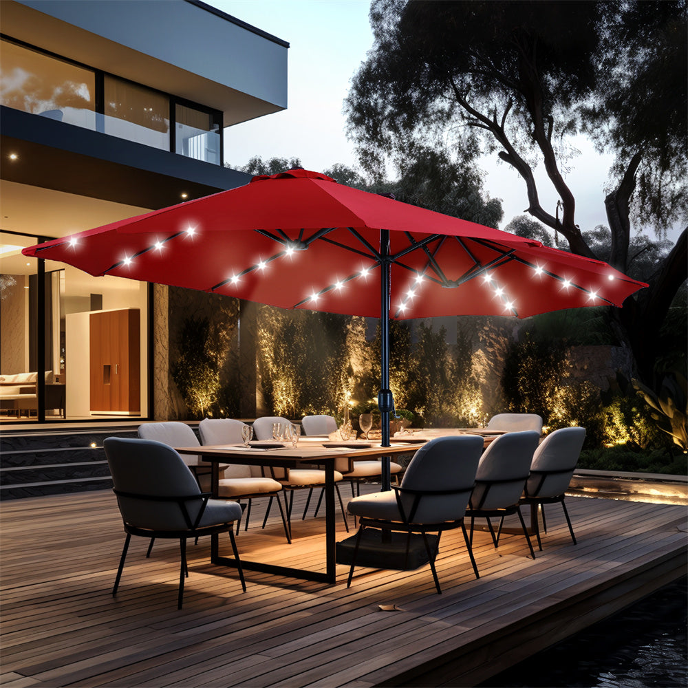 15ft Solar Double-Sided Patio Extra Large Twin Umbrella with Led Lights and Base
