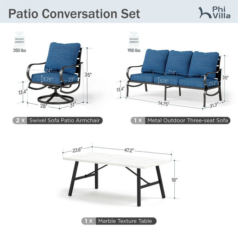 Phi Villa 5-Seater Patio Steel Sofa Set With Cushions & Coffee Table