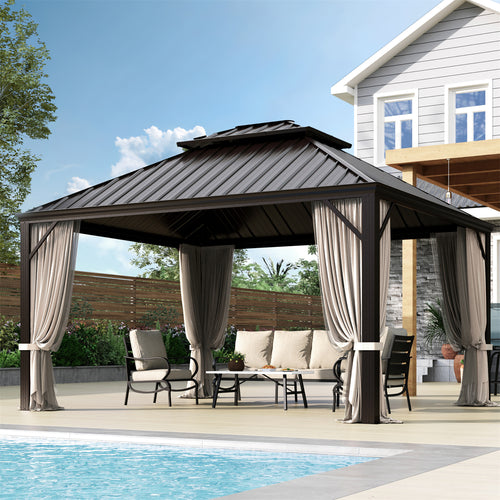 PHI VILLA 12' X 14'Outdoor Hardtop Gazebo with Galvanized Steel Roof and Mosquito Net
