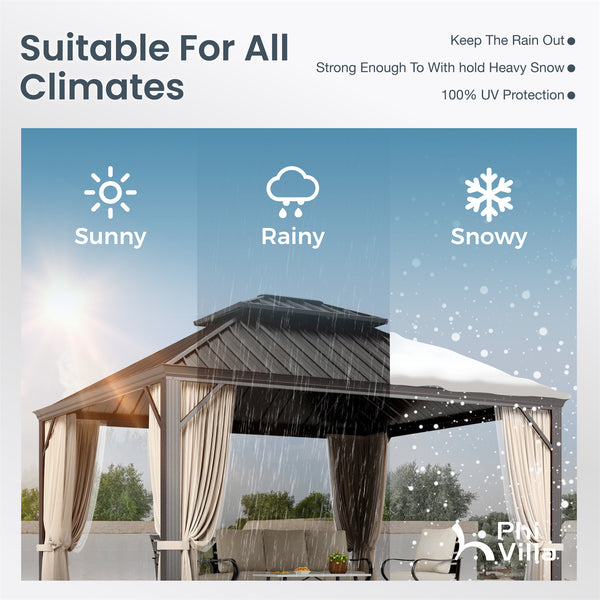 PHI VILLA 10' X 12'Outdoor Hardtop Gazebo with Galvanized Steel Roof and Mosquito Net