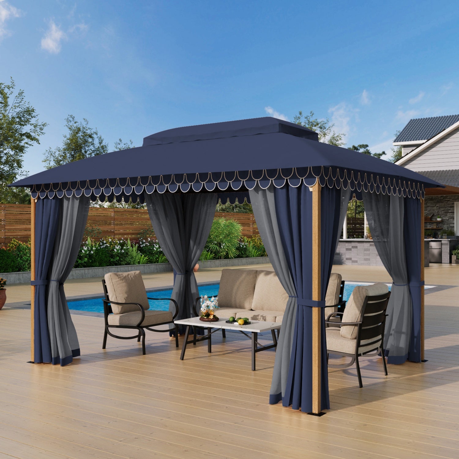 ISAYAMAX Houkago buy & eat club ジークレー額付 10'x13' Patio Affordable Wood Grain Gazebo with Mosquito Net