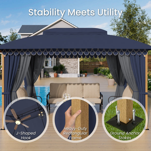 10'x13' Patio Affordable Wood Grain Gazebo with Mosquito Net