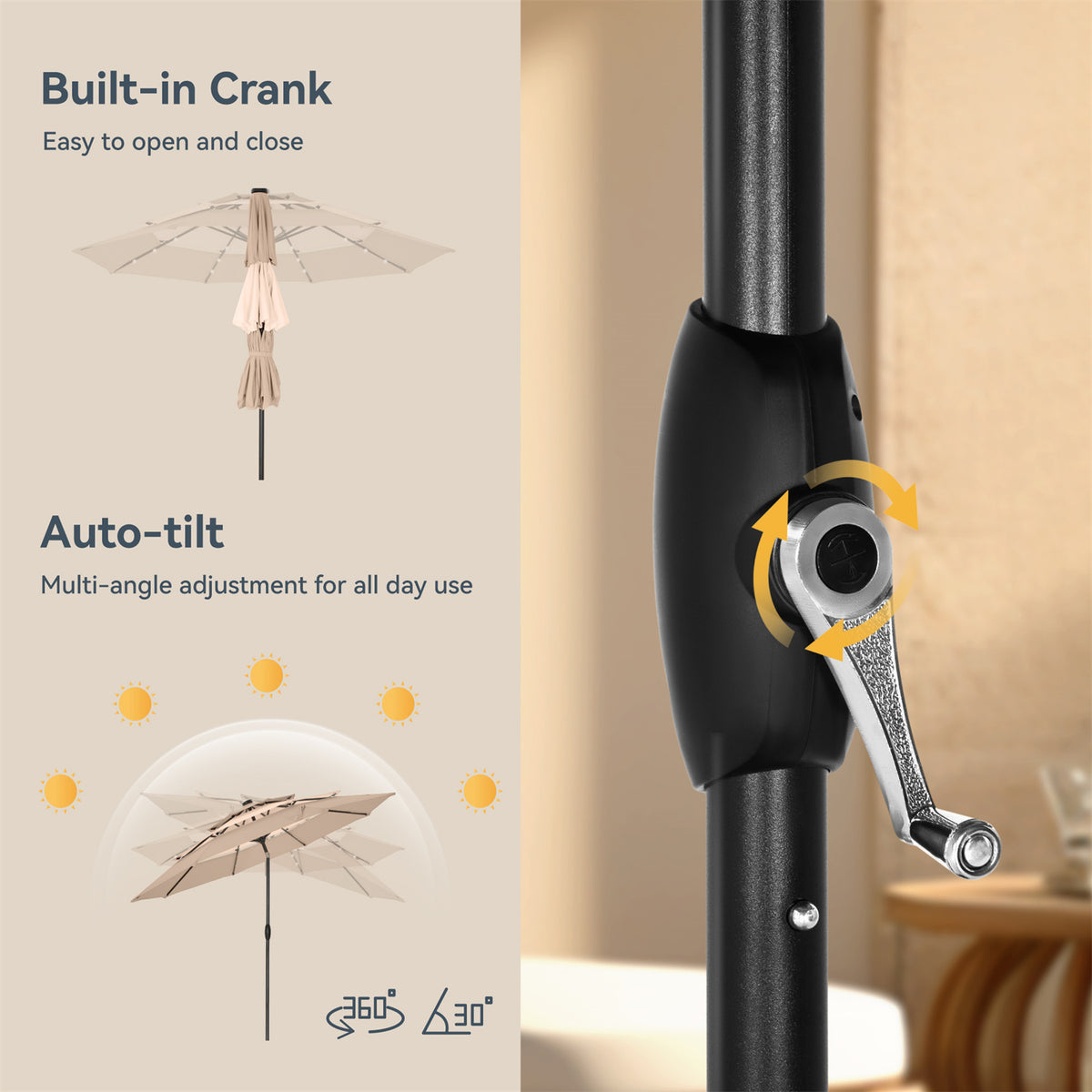 PHI VILLA 9ft Fiberglass Patio Umbrellas, Outdoor Printing Auto -Tilt Market Umbrella With 8 Sturdy Ribs, Navy Blue & White Printing
