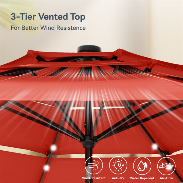 10ft Solar 3 Tier Auto-tilt Patio Vented Umbrella with LED Lights