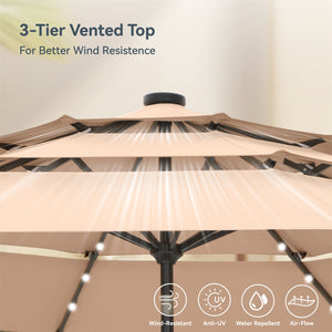 10ft Solar 3 Tier Auto-tilt Patio Vented Umbrella with LED Lights