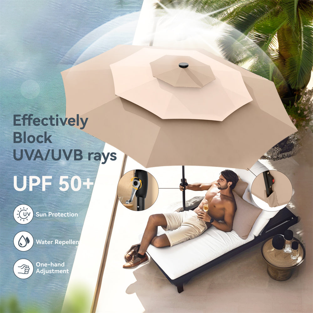 10ft Solar 3 Tier Auto-tilt Patio Vented Umbrella with LED Lights