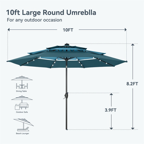 10ft Solar 3 Tier Auto-tilt Patio Vented Umbrella with LED Lights