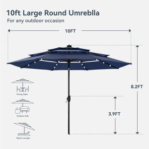 10ft Solar 3 Tier Auto-tilt Patio Vented Umbrella with LED Lights