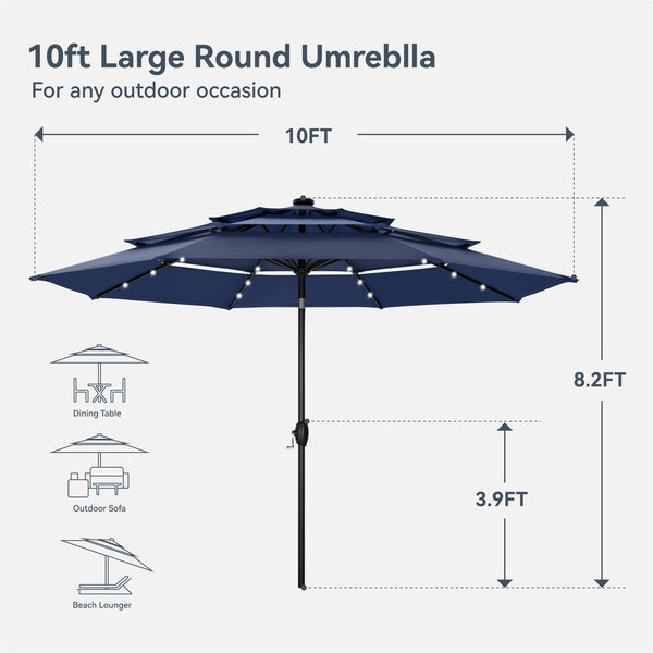 10ft Solar 3 Tier Auto-tilt Patio Vented Umbrella with LED Lights