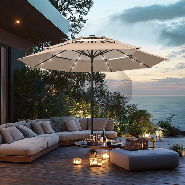 10ft Solar 3 Tier Auto-tilt Patio Vented Umbrella with LED Lights