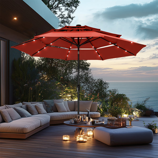 living home 25 led patio and umbrella lights PHI VILLA 10ft 3 Tier Auto-tilt Outdoor Double Vented Patio Umbrella