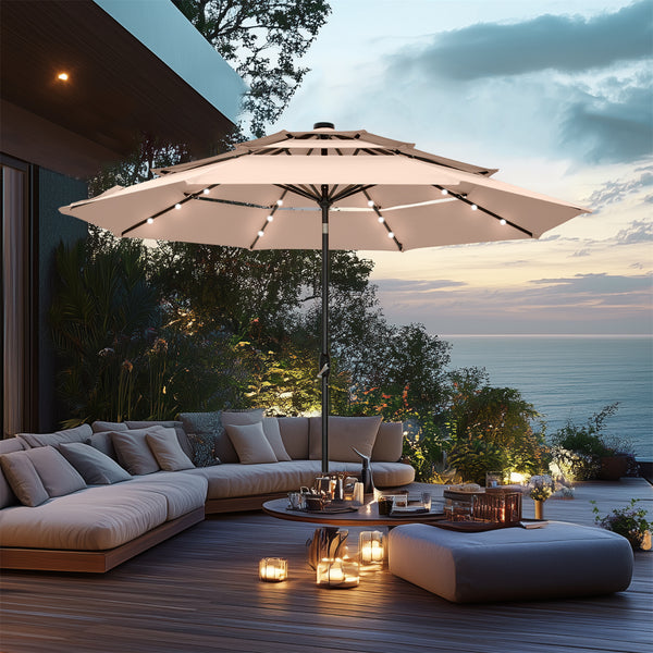 10ft Solar 3 Tier Auto-tilt Patio Vented Umbrella with LED Lights