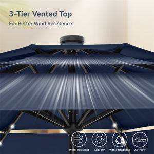 10ft Solar 3 Tier Auto-tilt Patio Vented Umbrella with LED Lights