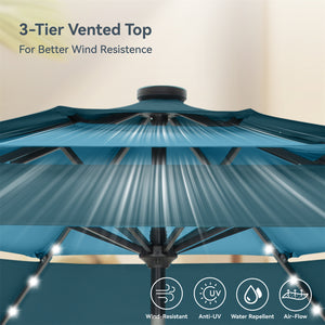 10ft Solar 3 Tier Auto-tilt Patio Vented Umbrella with LED Lights