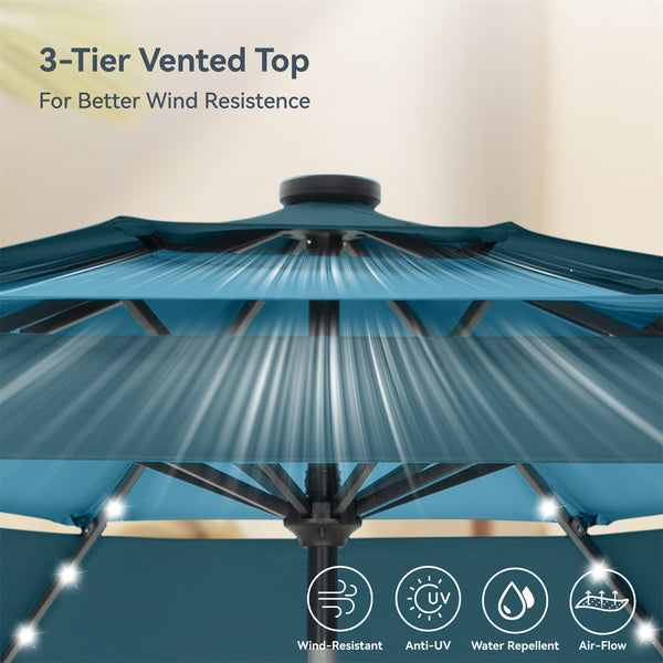 10ft Solar 3 Tier Auto-tilt Patio Vented Umbrella with LED Lights