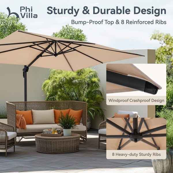 Square Cantilever Patio Umbrella - 360° Rotation and 7-Tilt Adjustable