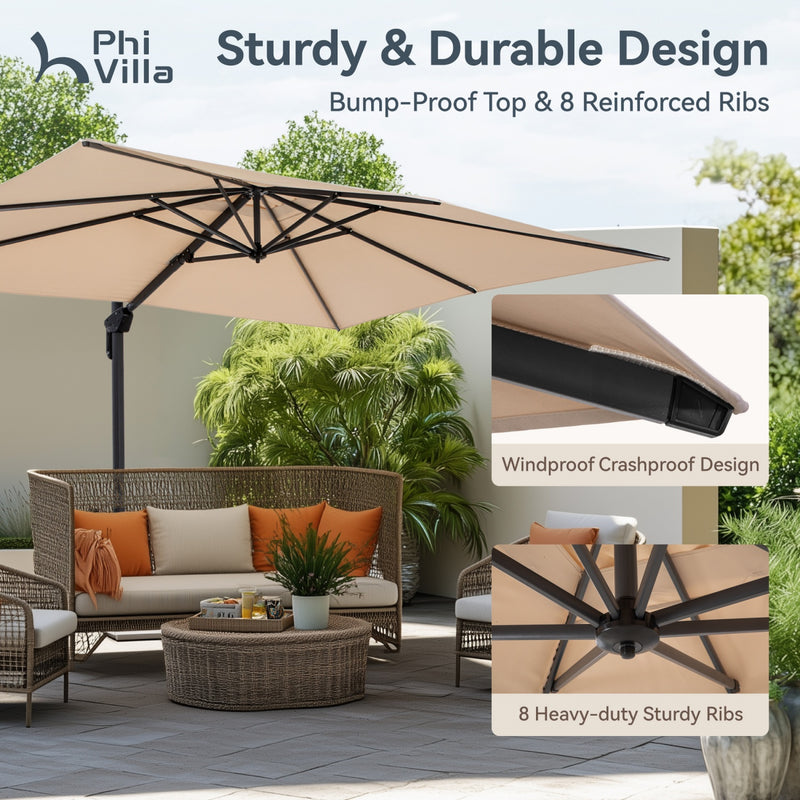 PHI VILLA Cantilever Umbrella - 360° Rotation & 7-Tilt Adjustable