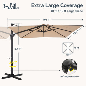 Square Cantilever Patio Umbrella - 360° Rotation and 7-Tilt Adjustable