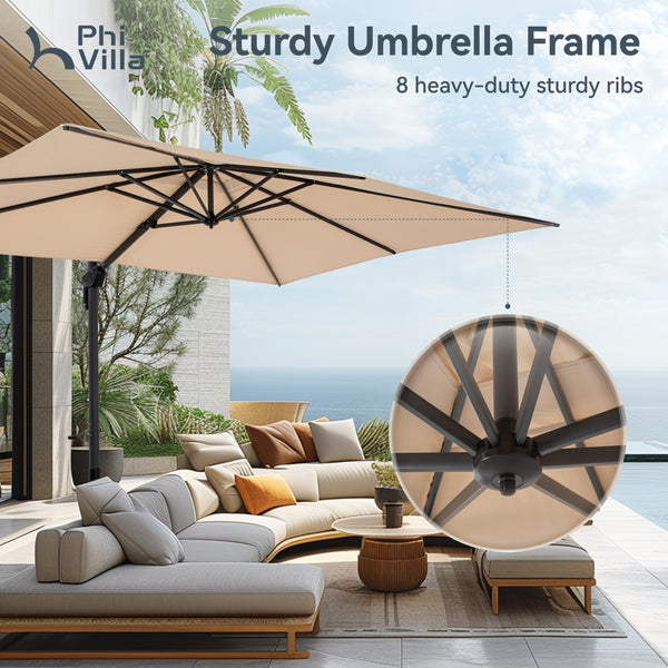 Square Cantilever Patio Umbrella - 360° Rotation and 7-Tilt Adjustable