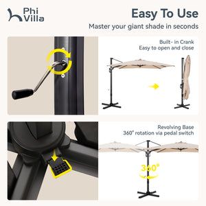 Square Cantilever Patio Umbrella - 360° Rotation and 7-Tilt Adjustable