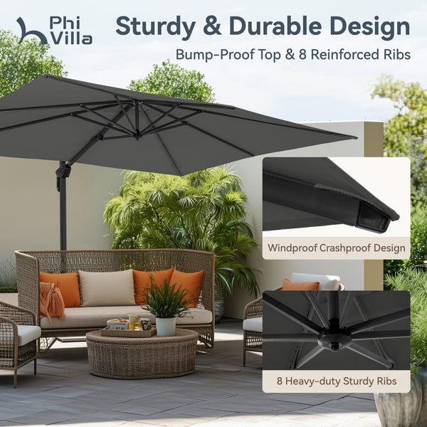 Square Cantilever Patio Umbrella - 360° Rotation and 7-Tilt Adjustable