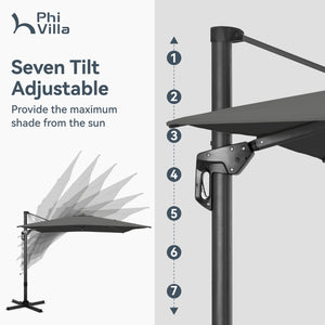 Square Cantilever Patio Umbrella - 360° Rotation and 7-Tilt Adjustable