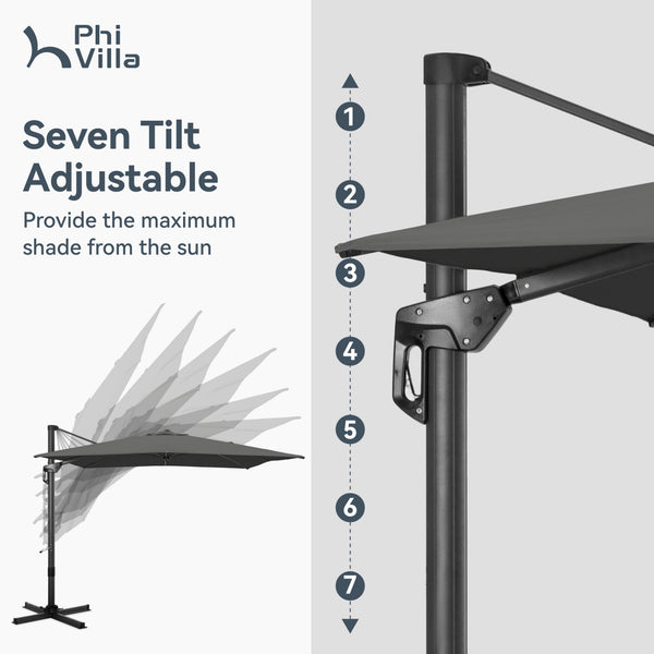Square Cantilever Patio Umbrella - 360° Rotation and 7-Tilt Adjustable