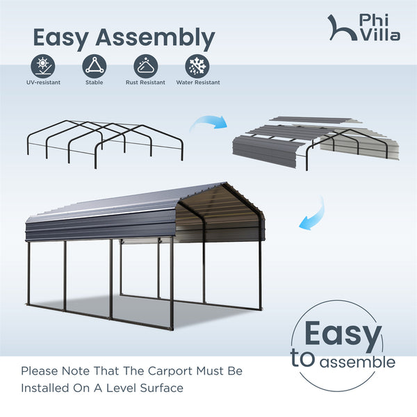 Multi-Sized 1 Car Metal Carport with Sides