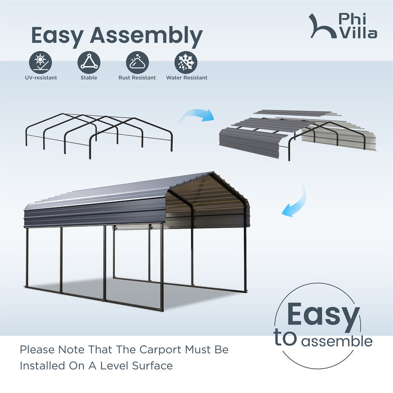PHI VILLA Deluxe Heavy Duty Metal Outdoor Carport Canopy Multi-use Car Garage Shelter