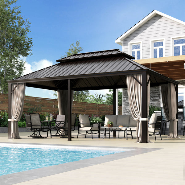 14'x20' Outdoor Hardtop Gazebo with Galvanized Steel Roof and Mosquito Net