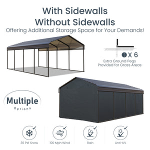 Multi-Sized 1 Car Metal Carport with Sides