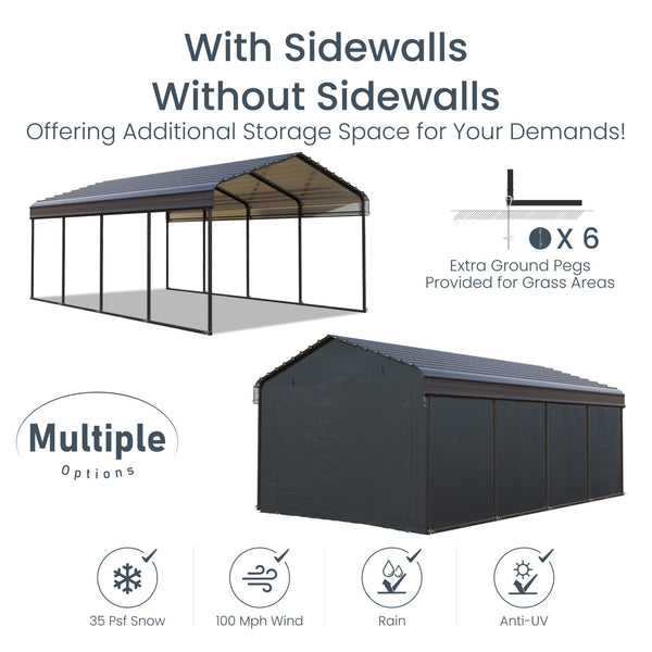 Multi-Sized 1 Car Metal Carport with Sides