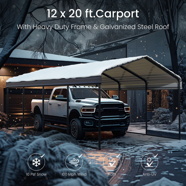 Multi-Sized 1 Car Metal Carport with Sides