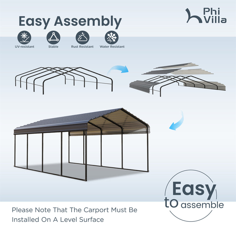 PHI VILLA Deluxe Heavy Duty Metal Outdoor Carport Canopy Multi-use Car Garage Shelter