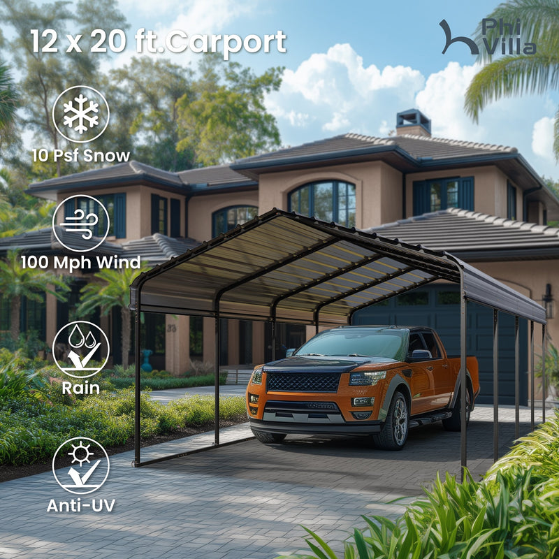 PHI VILLA Heavy Duty Metal Outdoor Carport with Sides