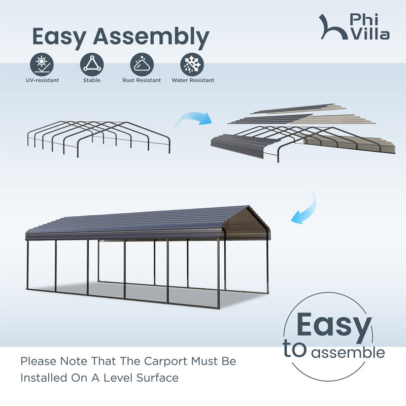 PHI VILLA Deluxe Heavy Duty Metal Outdoor Carport Canopy Multi-use Car Garage Shelter