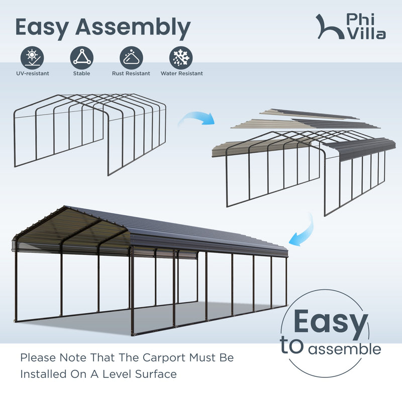 PHI VILLA 12x30ft 2 Car Deluxe Heavy Duty Metal Outdoor Carports