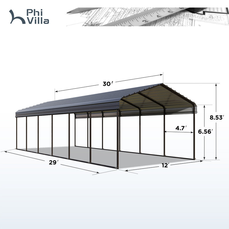 PHI VILLA 12x30ft 2 Car Deluxe Heavy Duty Metal Outdoor Carports