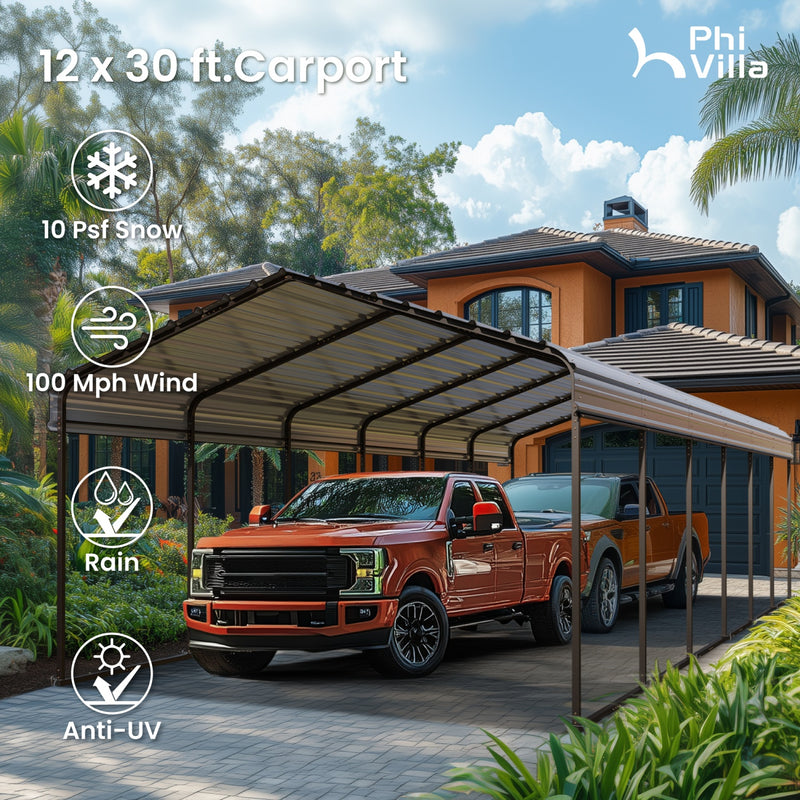 PHI VILLA 12x30ft 2 Car Deluxe Heavy Duty Metal Outdoor Carports
