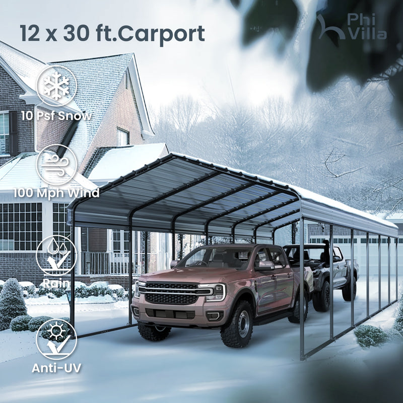 PHI VILLA 12x30ft 2 Car Deluxe Heavy Duty Metal Outdoor Carports