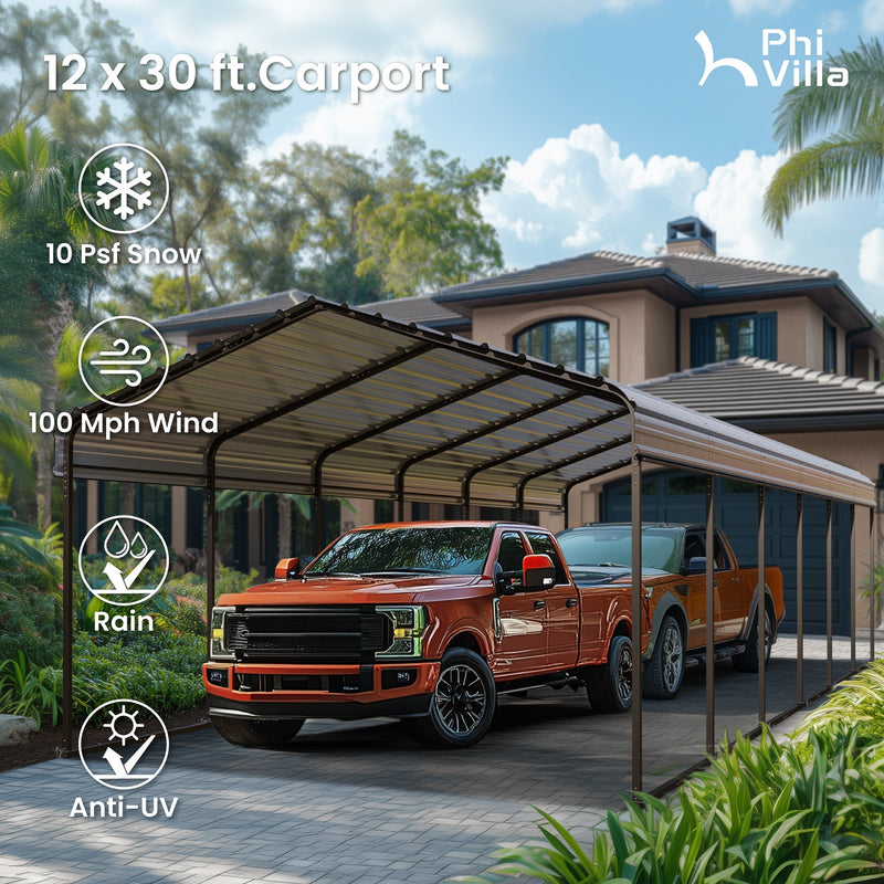 PHI VILLA 12x30ft 2 Car Heavy Duty Galvanized Metal Carports