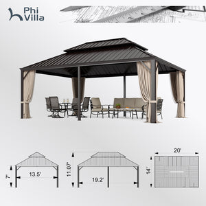 14'x20' Outdoor Hardtop Gazebo with Galvanized Steel Roof and Mosquito Net