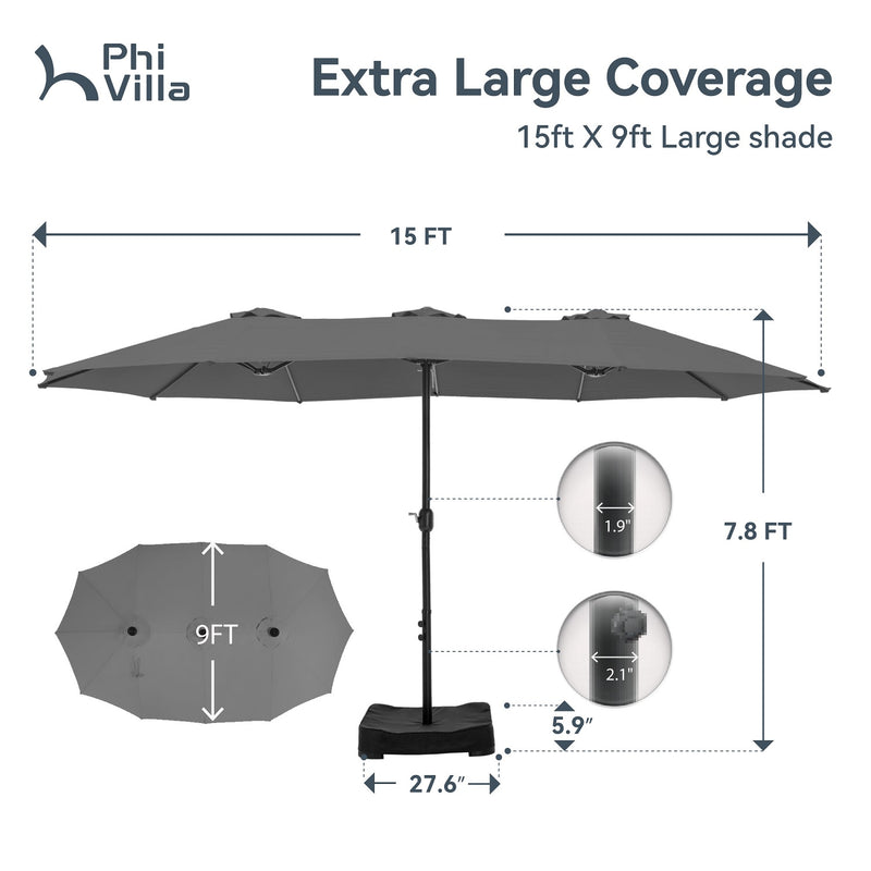 PHI VILLA 15ft Double-Sided Patio Extra Large Twin Umbrella