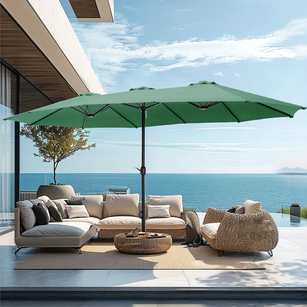 flame&shade 15ft oval shape double sided patio outdoor market umbrella 15ft Double-Sided Patio Extra Large Twin Umbrella with Base, Lime Green