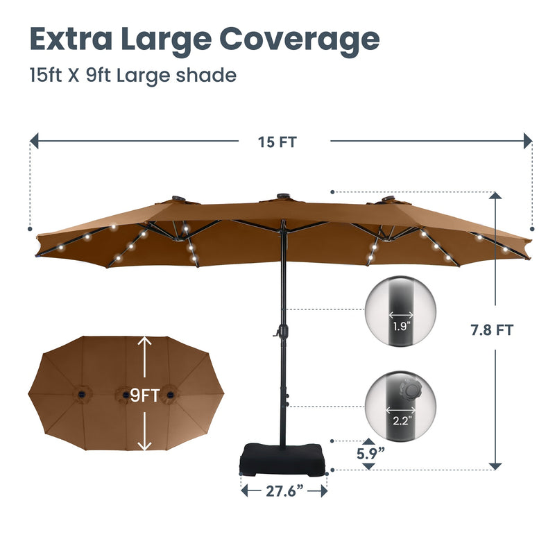 PHI VILLA 15ft Double-Sided Patio Extra Large Umbrella With LED Lights