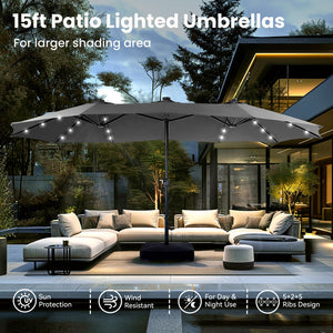15ft Solar Double-Sided Patio Extra Large Twin Umbrella with Led Lights and Base