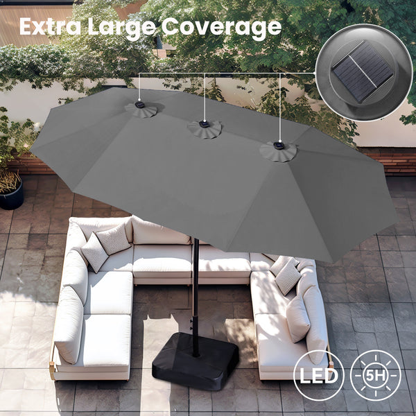 15ft Solar Double-Sided Patio Extra Large Twin Umbrella with Led Lights and Base