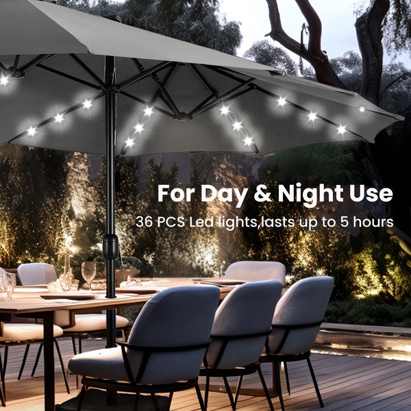 15ft Solar Double-Sided Patio Extra Large Twin Umbrella with Led Lights and Base