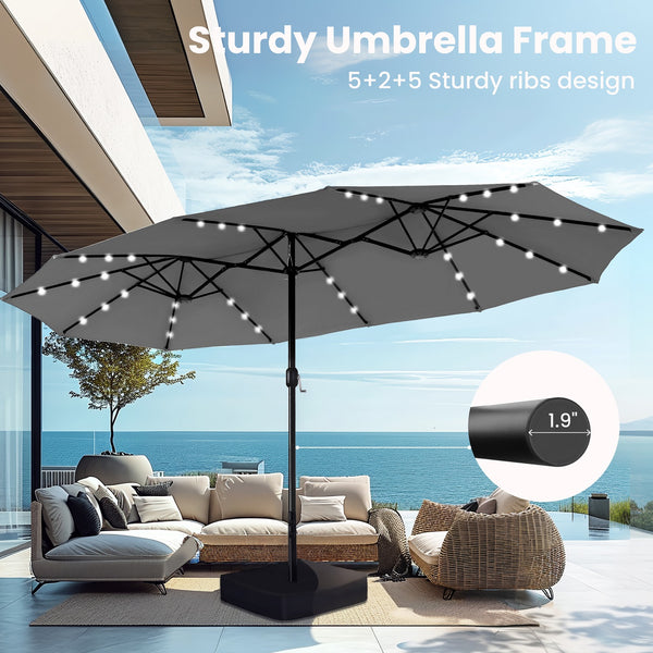 15ft Solar Double-Sided Patio Extra Large Twin Umbrella with Led Lights and Base