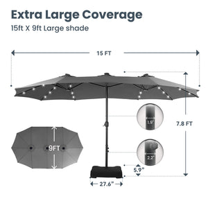 15ft Solar Double-Sided Patio Extra Large Twin Umbrella with Led Lights and Base